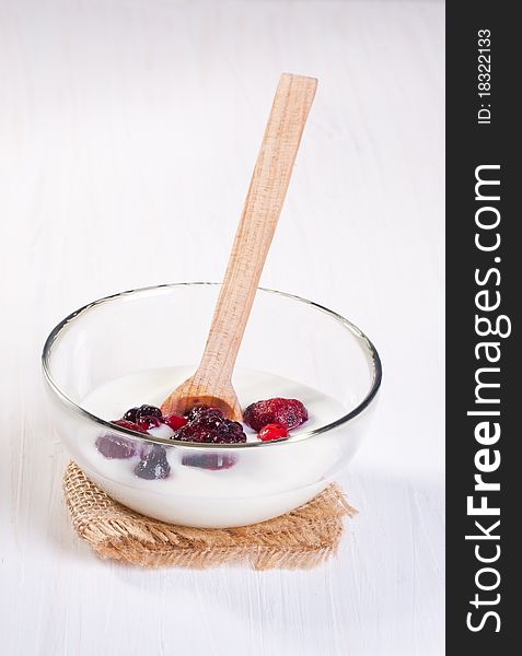 Glass bowl with Yogurt and berries. Glass bowl with Yogurt and berries