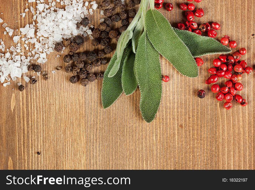 Border of salt and pepper's mix with fresh herb on the wooden desk