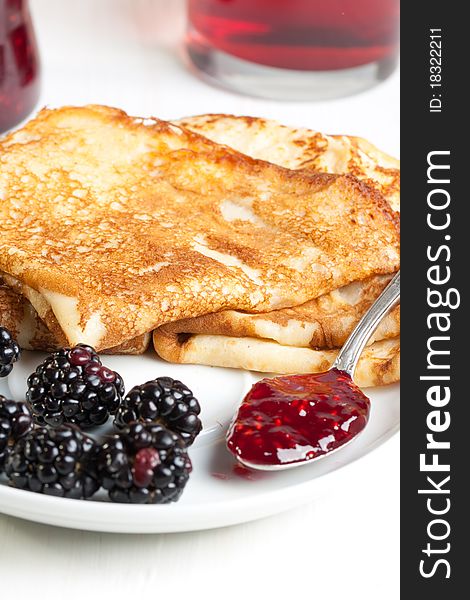 Plate of pancakes with fresh blackberries. Plate of pancakes with fresh blackberries