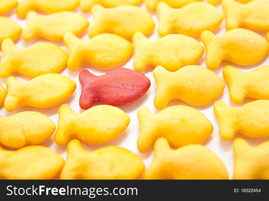 Fish Crackers all yellow and one red.