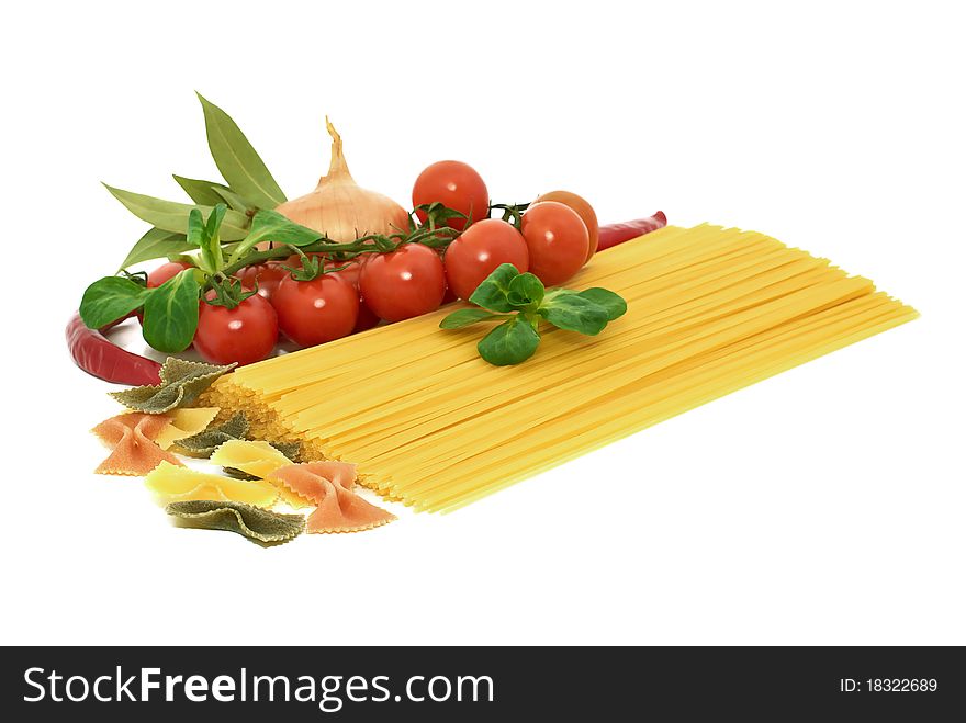 Italian pasta spagetti and farfalle with vegetables