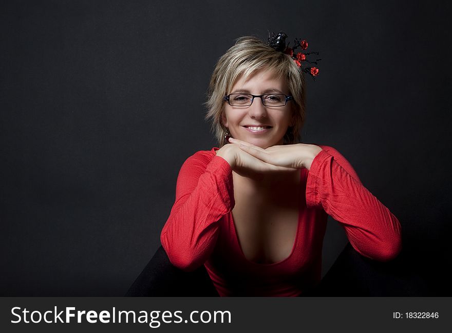 Woman Portrait With Black Bird And Red Flowers