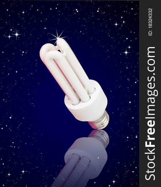 Isolated compact florescent light bulb on night sky background