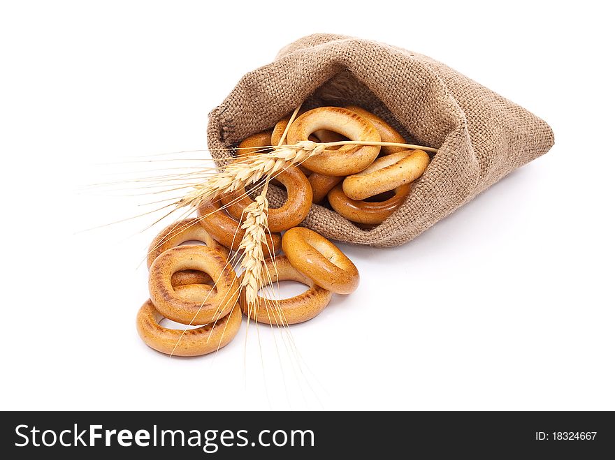 Burlap sack with bagels and ears