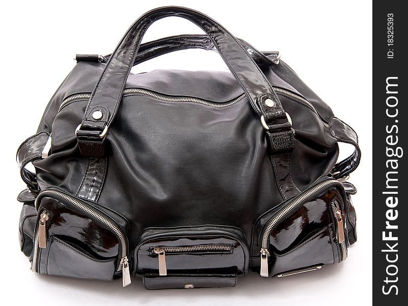 Black leather road bag on white