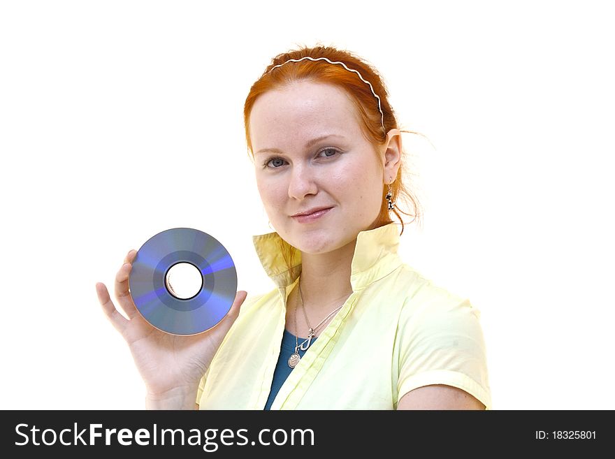 Redhead young woman holding a CD in her hand