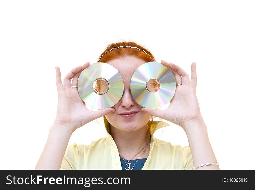 Redhead young woman holding a CD as eyes