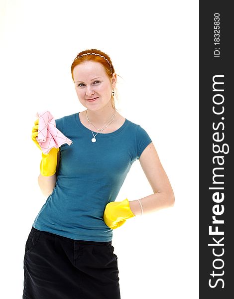 Redhead Young Woman Holding A Rag