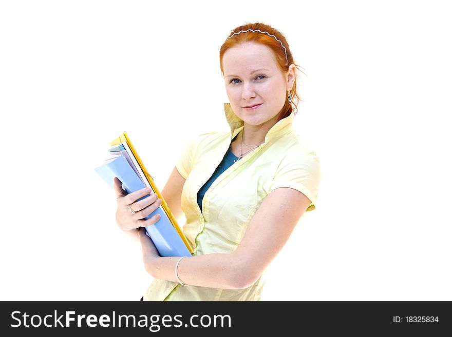 Redhead Young Woman Student Holding A Notebooks