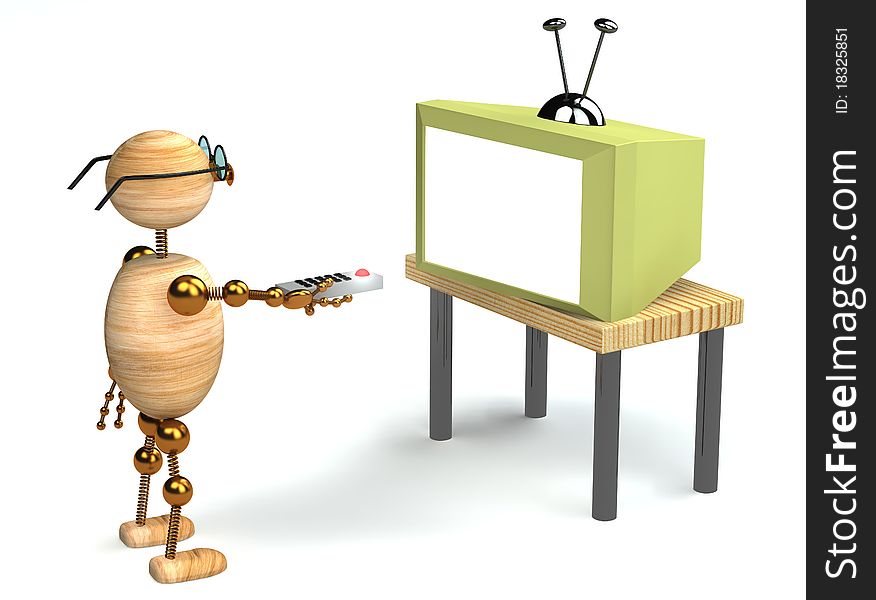 3d wood man is watching tv isolated on white