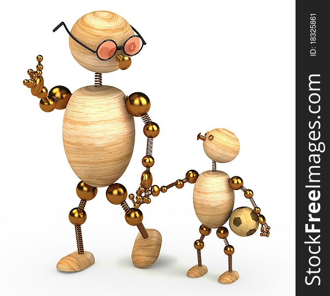 3d wood man holding a chlid isolated on white