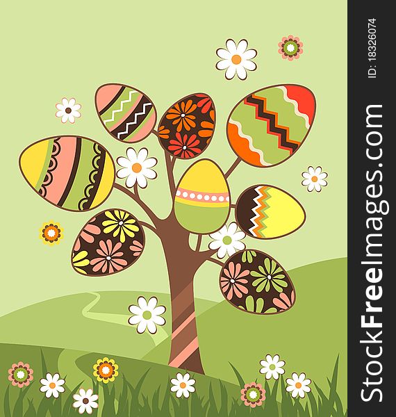 Spring landscape with easter blossoming tree and eggs. Spring landscape with easter blossoming tree and eggs