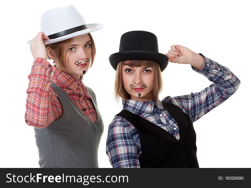 Two girls with painted mustaches and bowler hats on white background