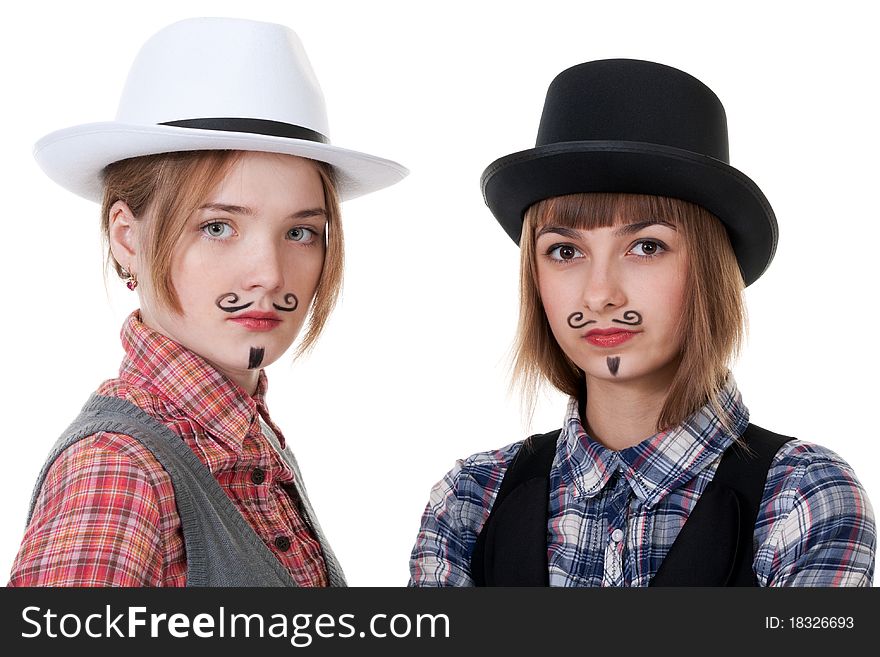 Two girls with painted mustaches