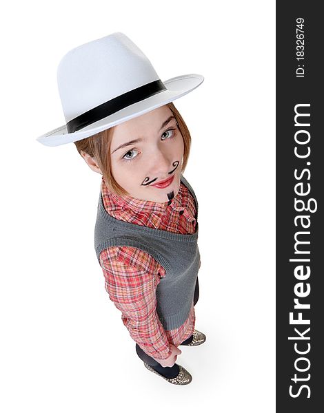 Girl with painted mustaches and bowler hats on white background