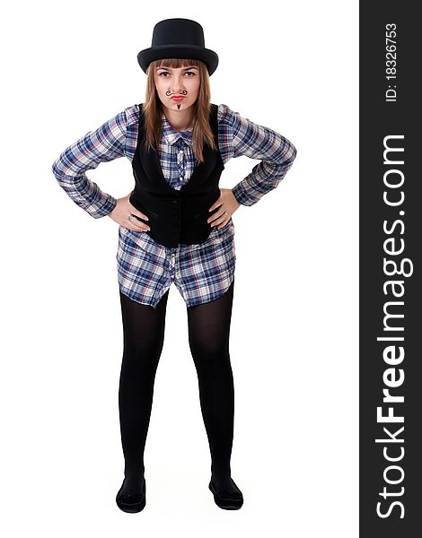 Girl with painted mustaches and bowler hats on white background