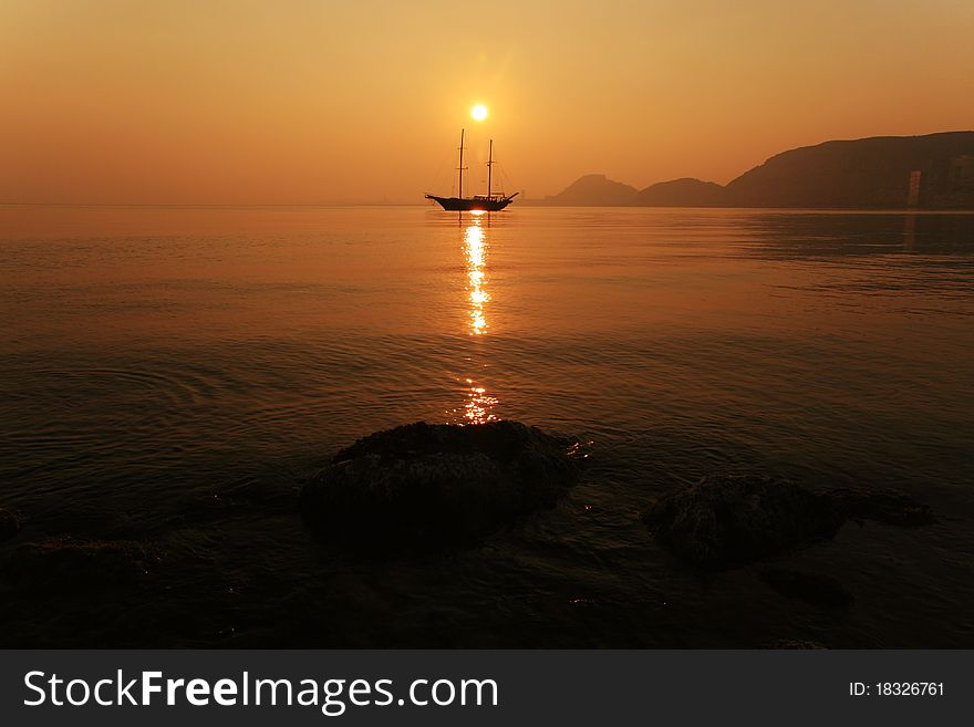 Sailing boat anchored in Alicante Beach. Sailing boat anchored in Alicante Beach