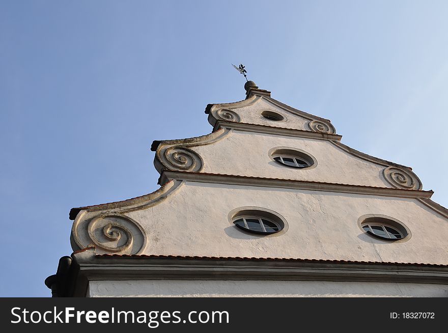 Art nouveau gable at blue sky