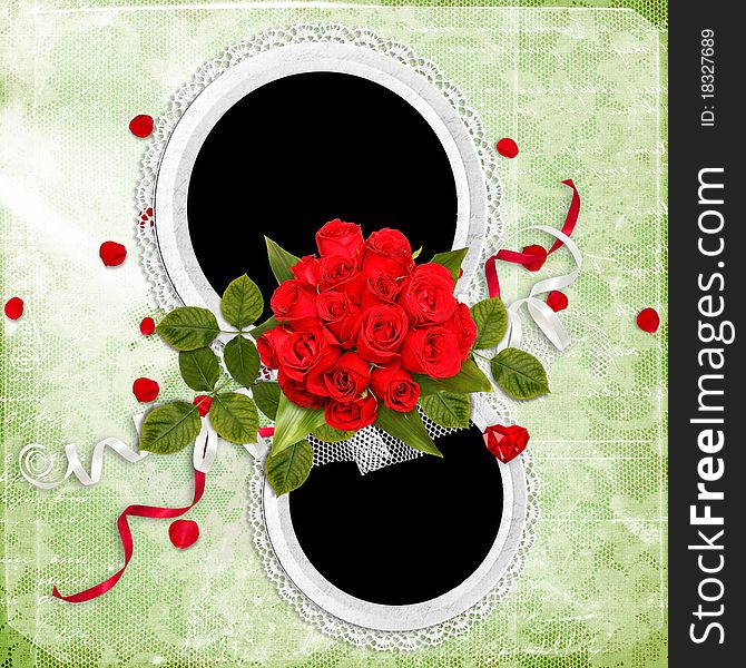 Beautiful frame with red roses and petals on the green background. Beautiful frame with red roses and petals on the green background