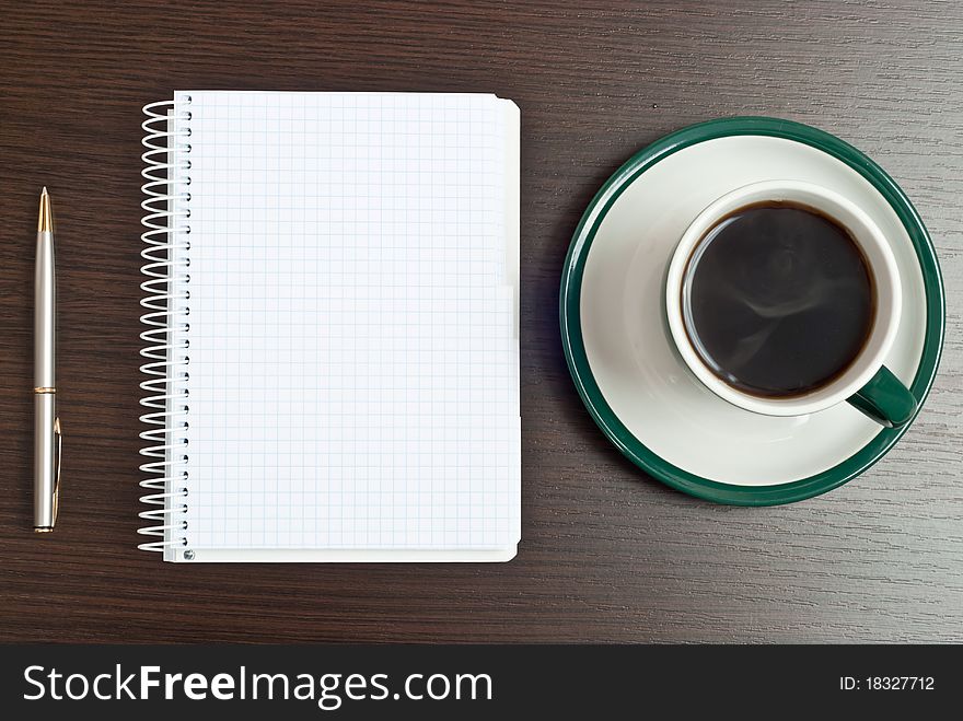 Notebook, pen & coffee