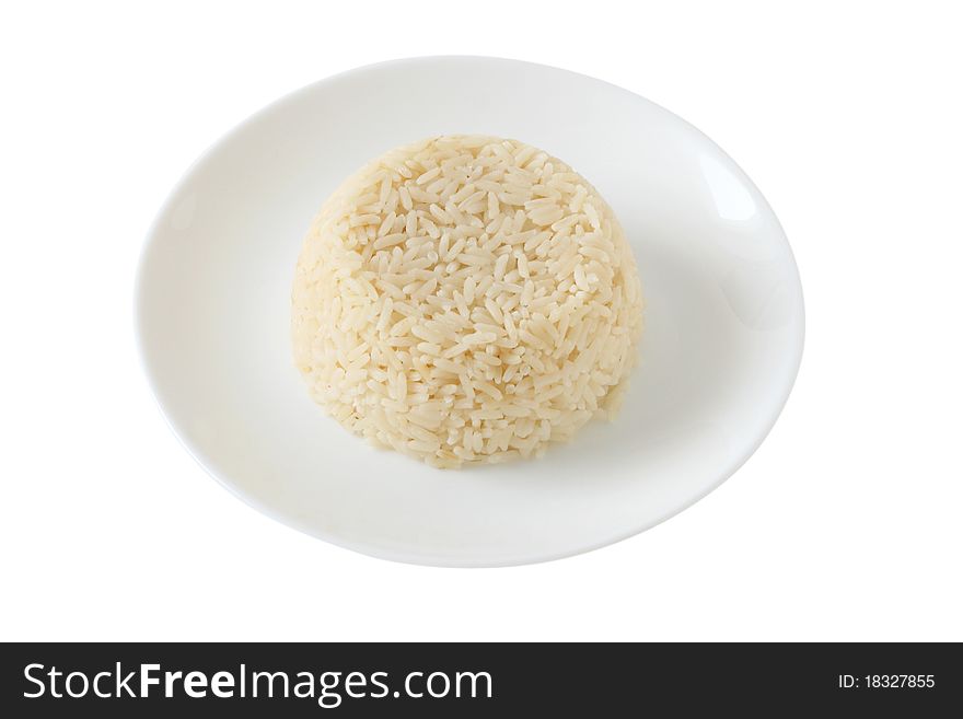 Boiled rice on an white plate