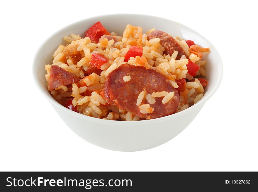 Rice with pepper and sausages. Rice with pepper and sausages