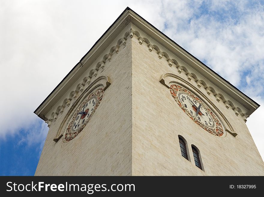 The top of tall tower with clocks in Simferopol, Crimea, Ukraine