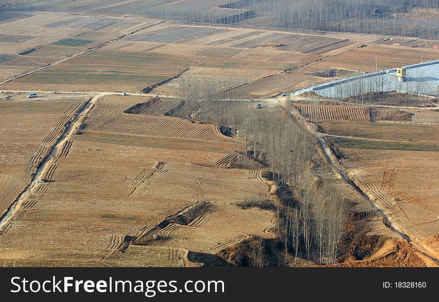 Aerial view of the fields in winter.