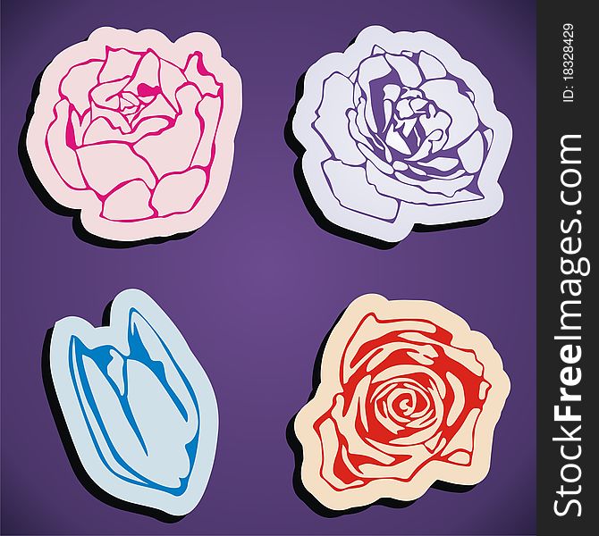 Vector flowers stickers on violet background. Vector illustration. Vector flowers stickers on violet background. Vector illustration