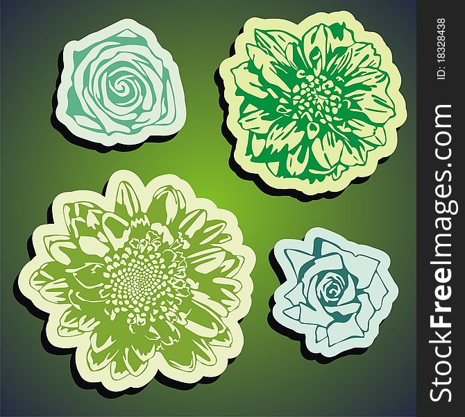 Vector flowers stickers on green background. Vector illustration. Vector flowers stickers on green background. Vector illustration