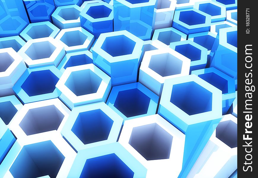 Abstract bright geometrical background with blue hexagons and copyspace. Abstract bright geometrical background with blue hexagons and copyspace