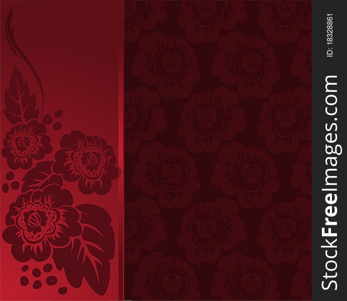 Asymmetrical red background with the flowers of a broad vertical strip. Asymmetrical red background with the flowers of a broad vertical strip
