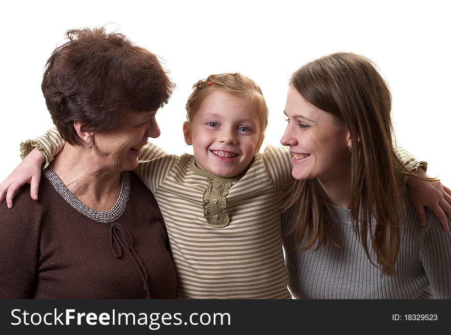 Grandmother, daughter and granddaughter portrait isolated over white background. Grandmother, daughter and granddaughter portrait isolated over white background