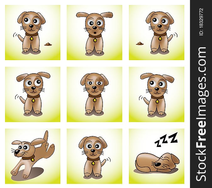 Nine frames with cute puppy illustration