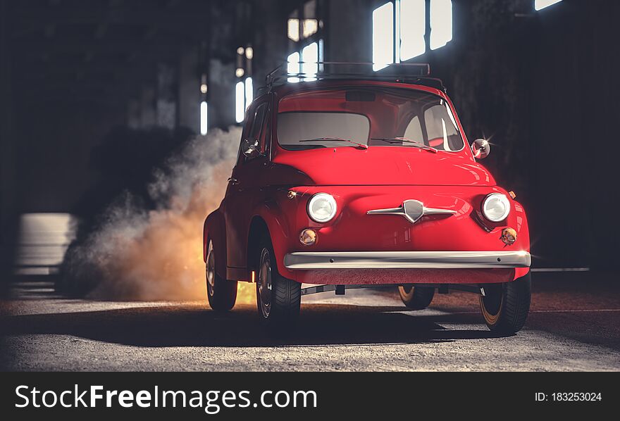 Vintage red italy compact car in an old garage, smoke and flames from the back. 3d render. nobody around. selective focus
