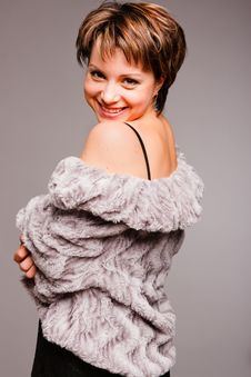 Woman Is In The Fur Coat Of Grey Color Stock Photos