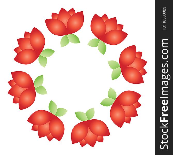 Isolated vector floral lei design with red green blossom rose icon in circle on white background. Isolated vector floral lei design with red green blossom rose icon in circle on white background.