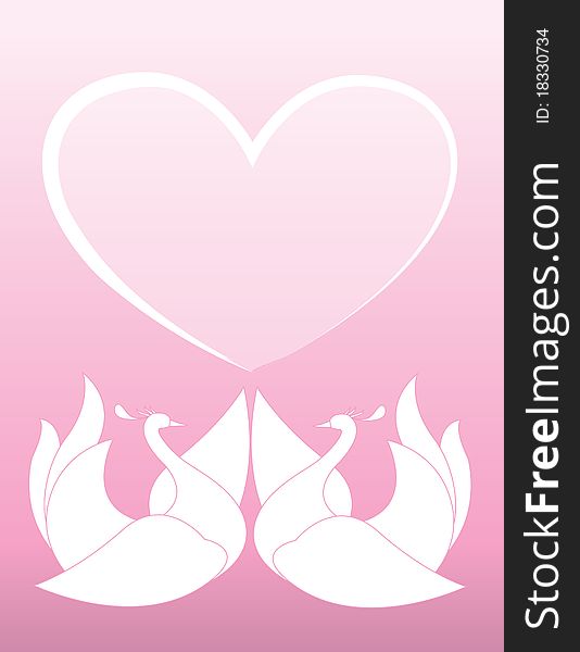 Pink background with a heart and white swans