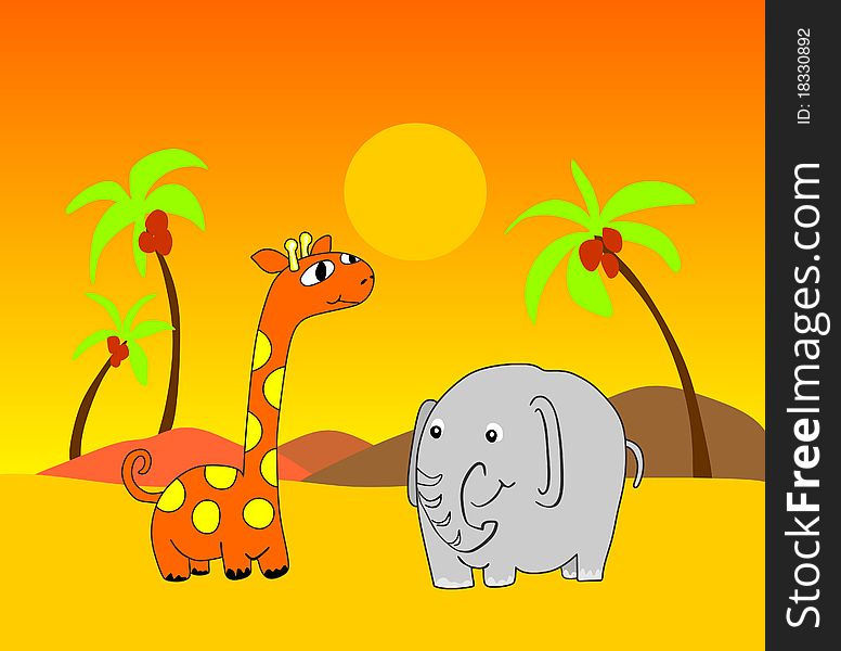 Giraffe and elephant in desert. Giraffe and elephant and background are grouped and layered separately. JPG file in a high resolution also available. Giraffe and elephant in desert. Giraffe and elephant and background are grouped and layered separately. JPG file in a high resolution also available.