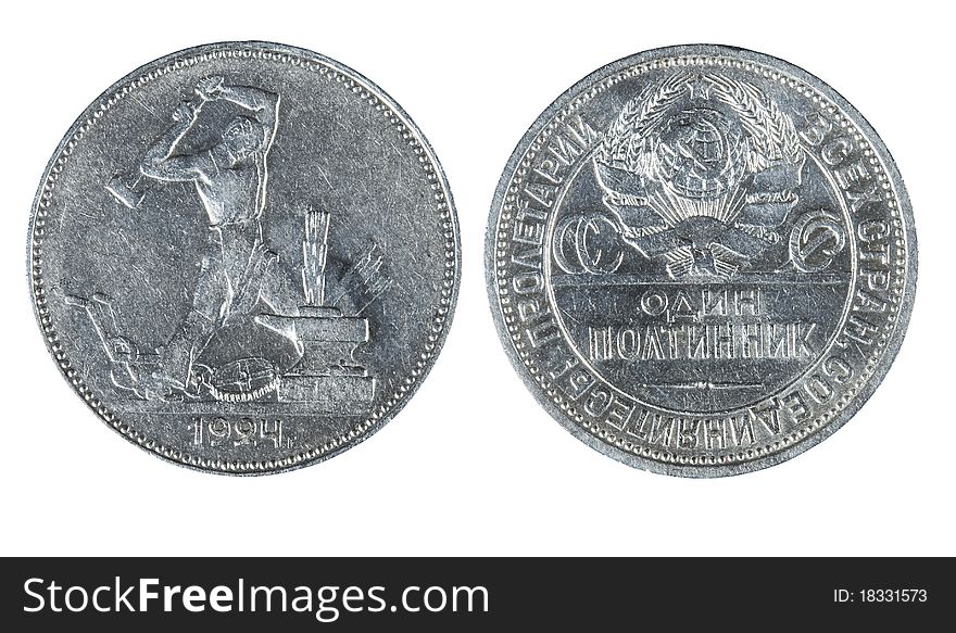 Old Russian silver coins on a white background