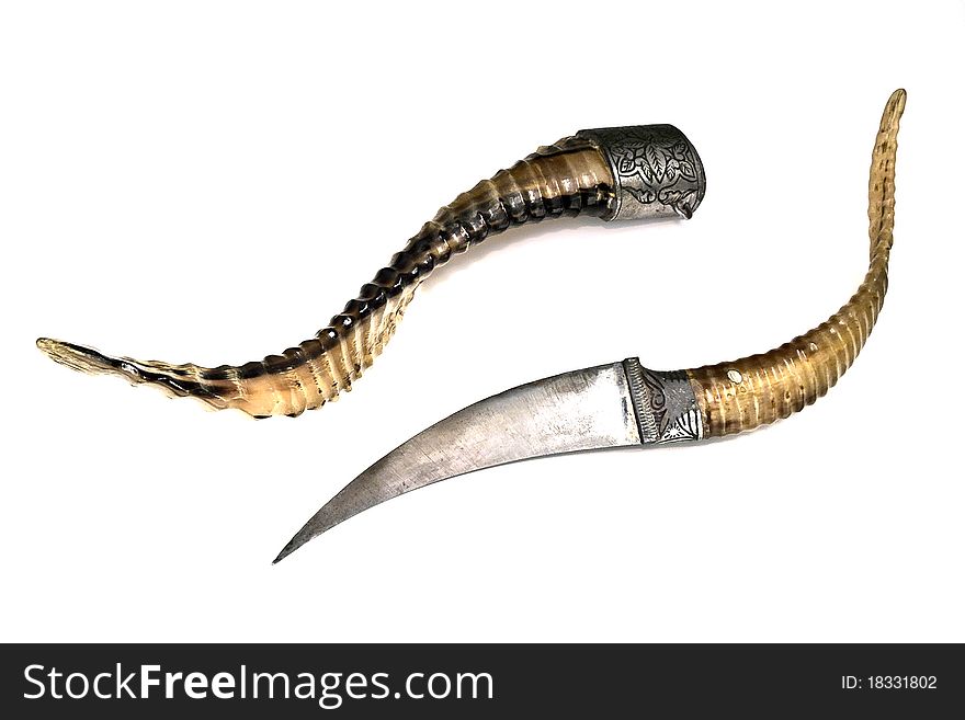 The image of a decorative dagger and its sheath on a white background separately