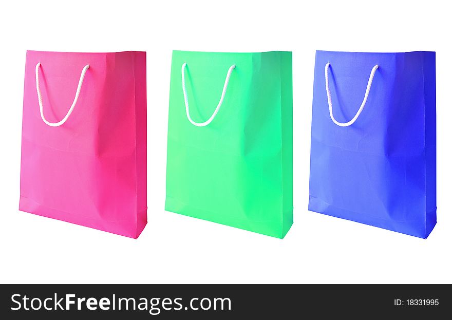Three collection of  paper bag with handles isolated on white background. Three collection of  paper bag with handles isolated on white background