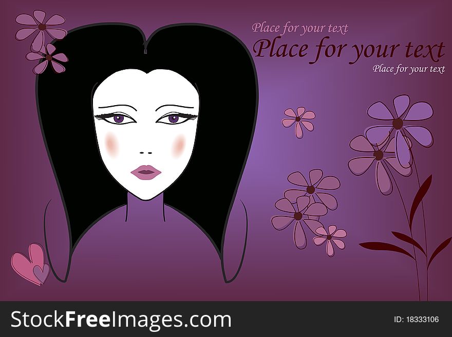 Beautiful girls face on purple background with place for your text. Beautiful girls face on purple background with place for your text