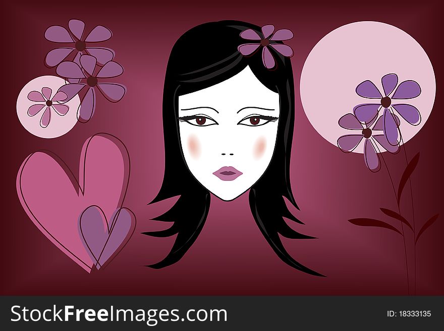 Face of a beautiful girl on purple background with flowers and hearts
