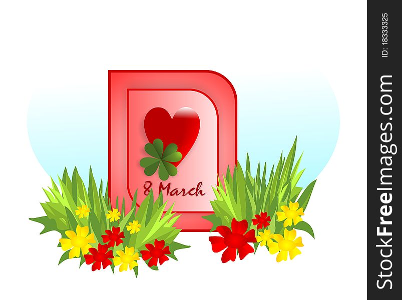 8 march icon with red heart and 4 leaves clover, flowers and grass around, vector format. 8 march icon with red heart and 4 leaves clover, flowers and grass around, vector format