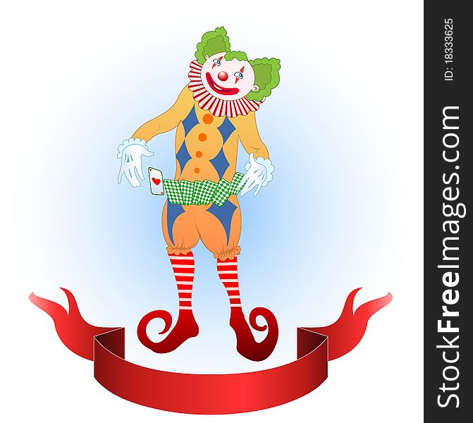 Vector illustration of clown juggling colorful playing card