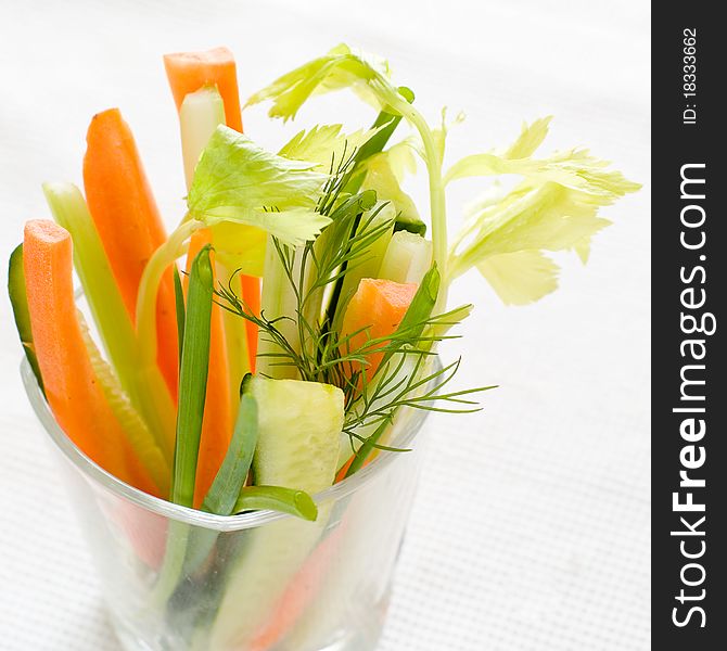 Delicious fresh vegetable appetizer in glass