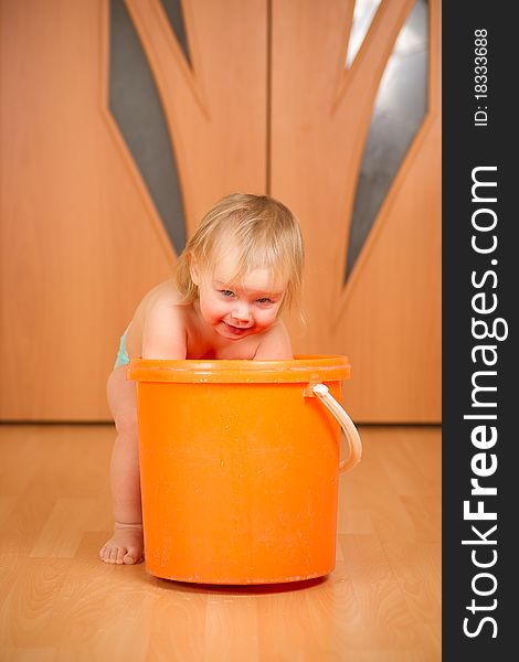 Adorable Baby Washing Rug In Orange Pail