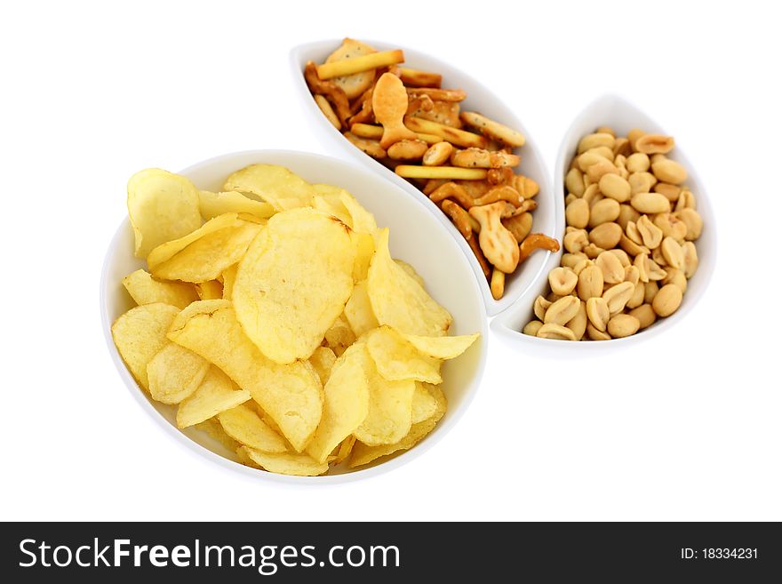 Fresh snacks isolated on white background. Intentional shallow depth of field. Focus in the center. Studio work.