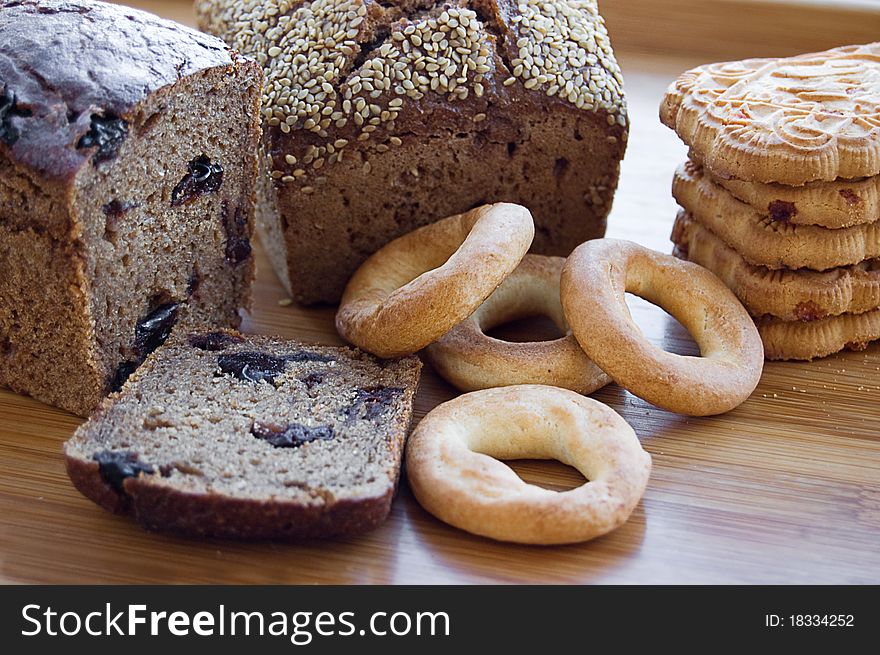 Bread with sesame and prune, bagels and biscuits. Bread with sesame and prune, bagels and biscuits